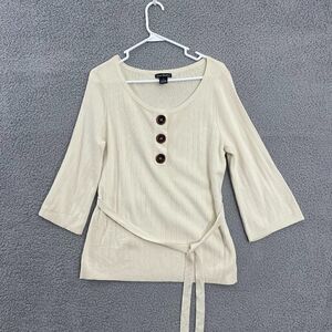 Linda Matthews Women L Cream Ribbed Belted Scoop Neck‎ Sweater NWOT